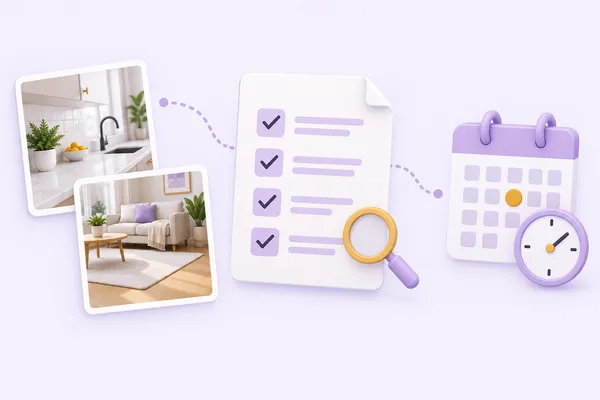 Room photos lead to an list of cleaning tasks and prices, then a preferred cleaning time