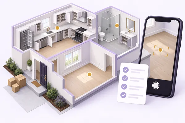 Room-by-room cutaway showing kitchen, bathroom, floors and a phone framing a room photo